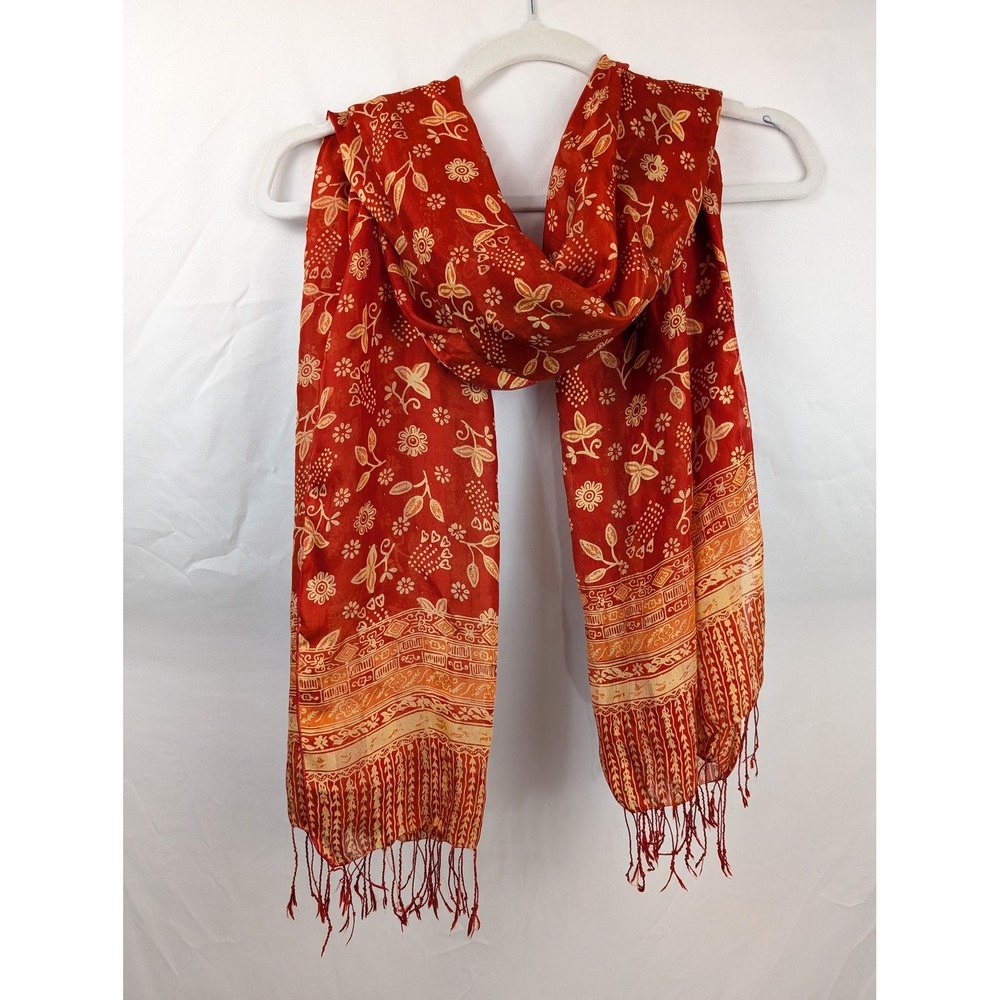 Y2K Boho Floral Silk Fringe Scarf 62 x 22 Red Orange Gypsy Festival Indie Sleaze